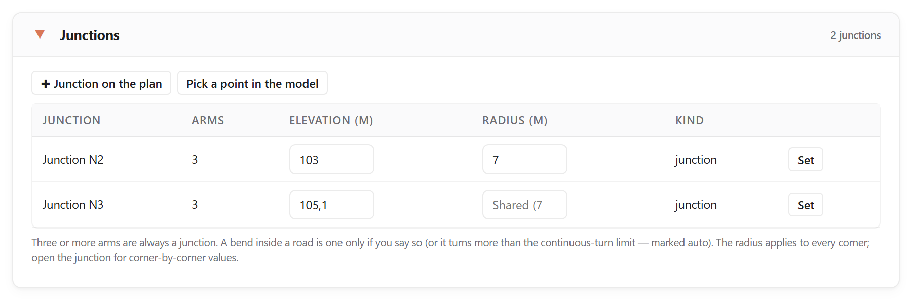 The Junctions list: arms, elevation, one radius and the kind of each junction