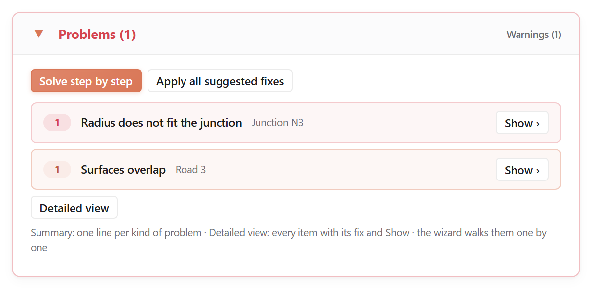 The Problems card: a summary with one line per kind of problem, a step-by-step wizard and one-click fixes